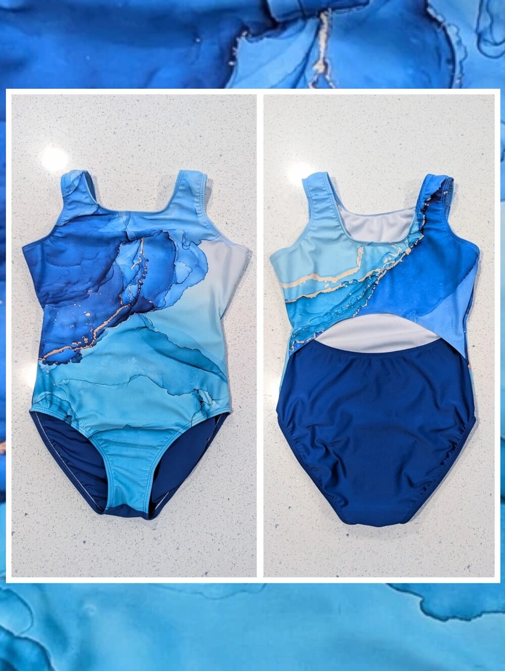 Destira Gymnastics Dance Leotard CL Large MARBLING Marble Blue Gold Open Back